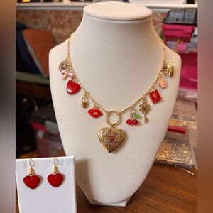 New valentine whimsical Gold Charm Necklace w earrings Red & Pink Accents